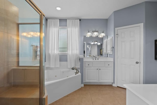 4510 Bonita Way, League City, TX 77573 - full bathroom with a jetted tub, vanity, tile patterned floors, and a shower stall