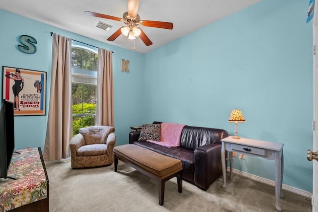 4510 Bonita Way, League City, TX 77573 - living area featuring carpet floors, a ceiling fan, and baseboards