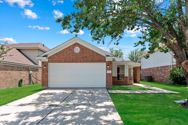 2411 Irish Spring Dr, Houston, TX 77067 - view of front of property with brick siding, concrete driveway, a front yard, an attached garage, and central air condition unit