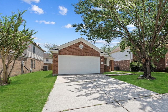 2411 Irish Spring Dr, Houston, TX 77067 - view of front of home featuring brick siding, a garage, a front lawn, and central AC