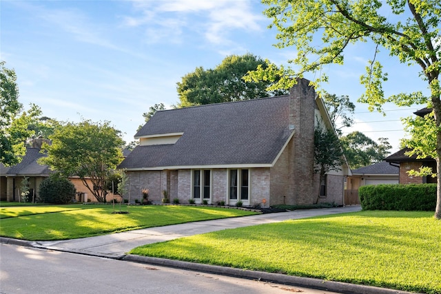 3707 Brook Shadow Dr, Houston, TX 77345 - view of front of property with a front yard, brick siding, a shingled roof, and a chimney
