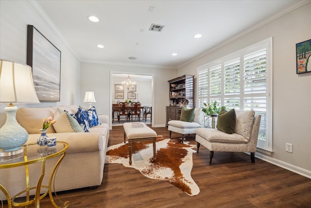 2910 Ann Arbor Dr, Houston, TX 77063 - living area featuring wood finished floors, a chandelier, ornamental molding, recessed lighting, and baseboards