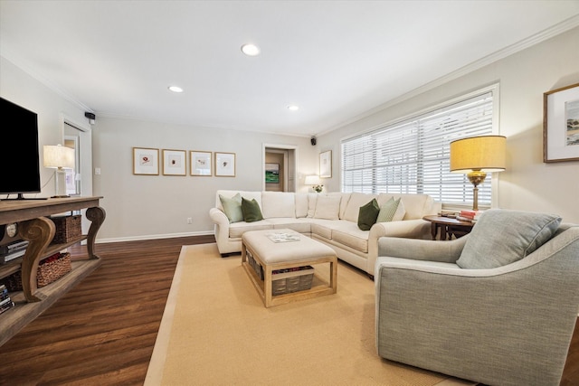 2910 Ann Arbor Dr, Houston, TX 77063 - living room with dark wood-type flooring, ornamental molding, recessed lighting, and baseboards