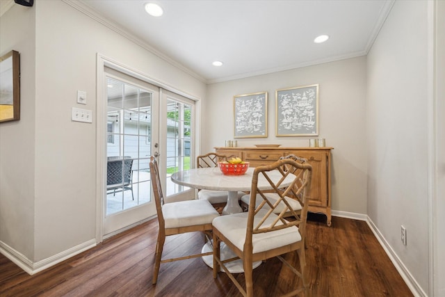 2910 Ann Arbor Dr, Houston, TX 77063 - dining room featuring dark wood-style flooring, baseboards, ornamental molding, recessed lighting, and french doors