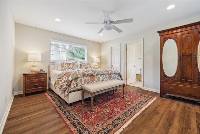 2910 Ann Arbor Dr, Houston, TX 77063 - bedroom with baseboards, wood finished floors, ceiling fan, recessed lighting, and ensuite bathroom