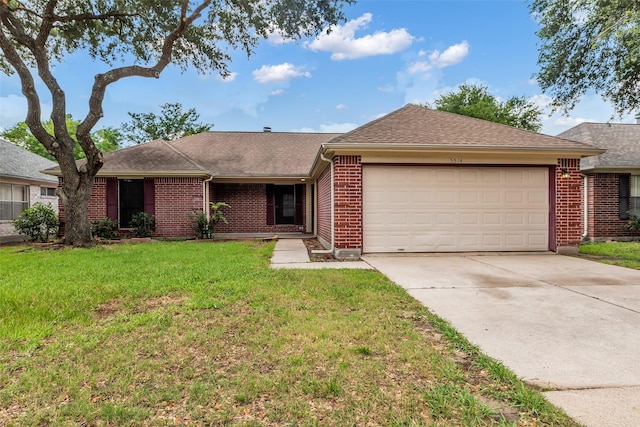 5514 Clarkston Ln, Spring, TX 77379 - ranch-style home featuring a garage, driveway, brick siding, a front yard, and roof with shingles