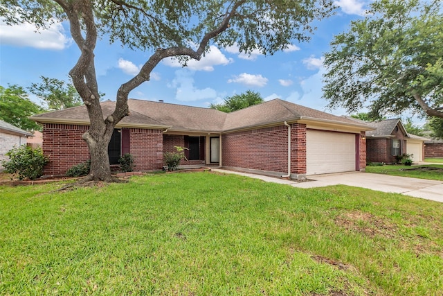5514 Clarkston Ln, Spring, TX 77379 - single story home featuring a garage, brick siding, concrete driveway, a front yard, and roof with shingles