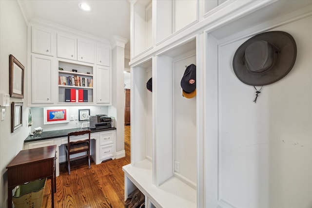 6225 Piping Rock Ln, Houston, TX 77057 - mudroom with built in desk, dark wood-style floors, and recessed lighting