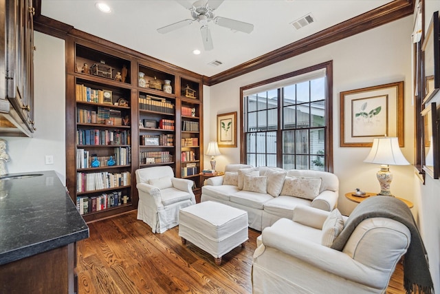 6225 Piping Rock Ln, Houston, TX 77057 - living area featuring crown molding, dark wood finished floors, a ceiling fan, and recessed lighting