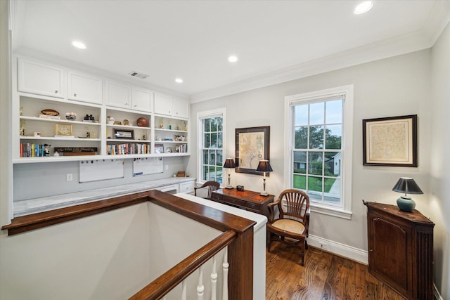 6225 Piping Rock Ln, Houston, TX 77057 - office area with ornamental molding, dark wood-type flooring, baseboards, and recessed lighting
