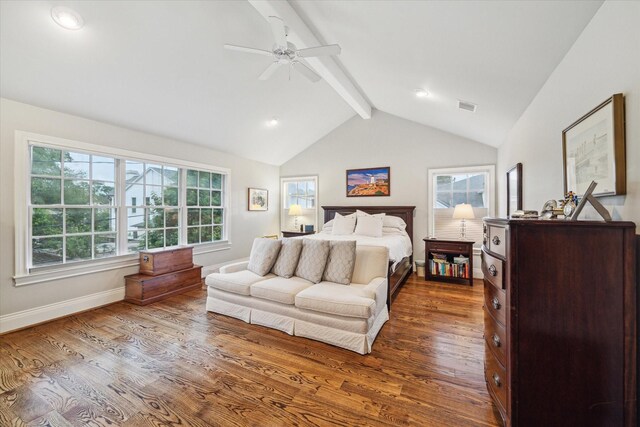 6225 Piping Rock Ln, Houston, TX 77057 - bedroom with beamed ceiling, dark wood finished floors, multiple windows, baseboards, and high vaulted ceiling