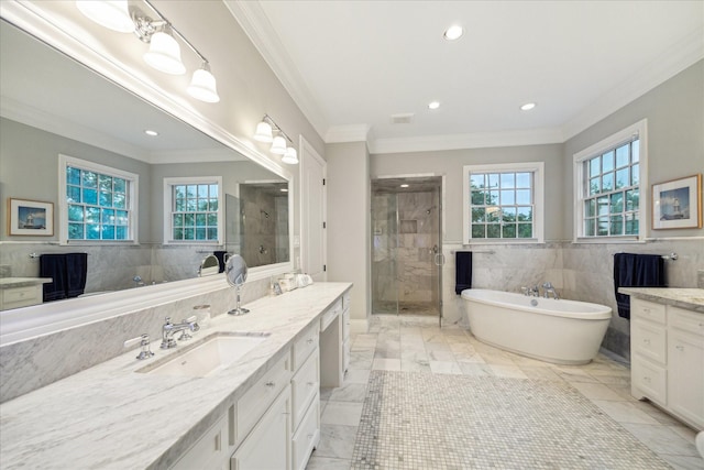 6225 Piping Rock Ln, Houston, TX 77057 - full bath with vanity, a shower stall, healthy amount of natural light, ornamental molding, and a freestanding bath