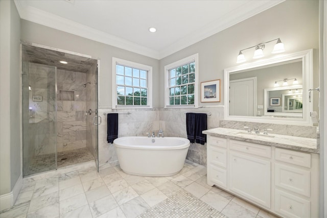 6225 Piping Rock Ln, Houston, TX 77057 - full bathroom with marble look tile flooring, crown molding, a freestanding tub, a shower stall, and vanity