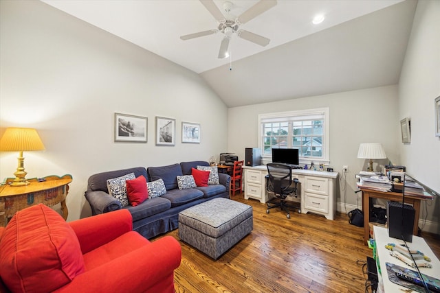 6225 Piping Rock Ln, Houston, TX 77057 - home office featuring a ceiling fan, wood finished floors, and lofted ceiling