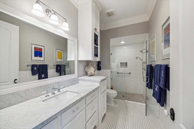 6225 Piping Rock Ln, Houston, TX 77057 - bathroom with a stall shower, crown molding, vanity, and toilet