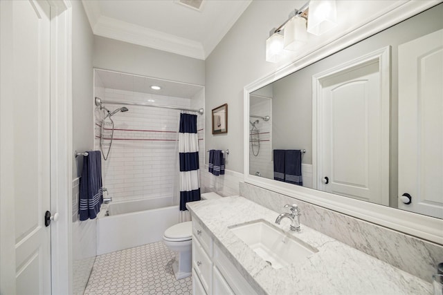 6225 Piping Rock Ln, Houston, TX 77057 - bathroom with crown molding, vanity, toilet, shower / tub combo with curtain, and tile patterned flooring