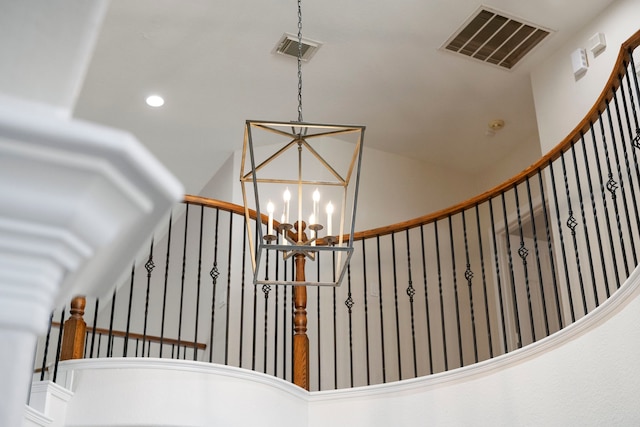 8503 Stones Throw Ln, Missouri City, TX 77459 - staircase featuring a chandelier, recessed lighting, and lofted ceiling