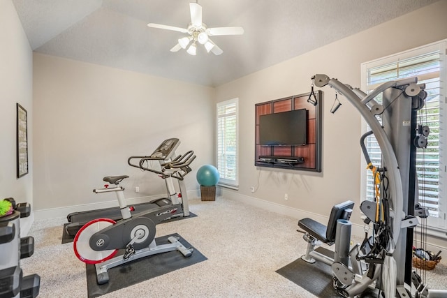 11 Bracebridge Dr, The Woodlands, TX 77382 - workout area featuring ceiling fan, vaulted ceiling, baseboards, and carpet flooring