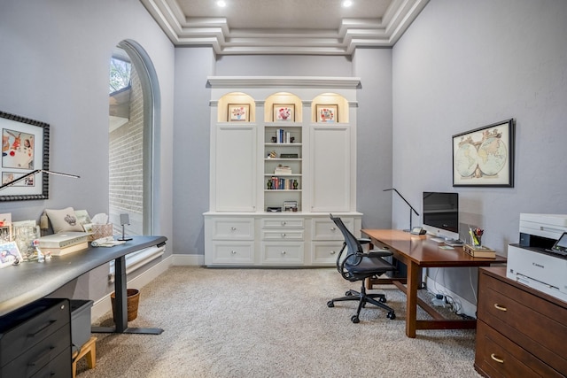 11 Bracebridge Dr, The Woodlands, TX 77382 - office featuring light carpet, crown molding, and recessed lighting