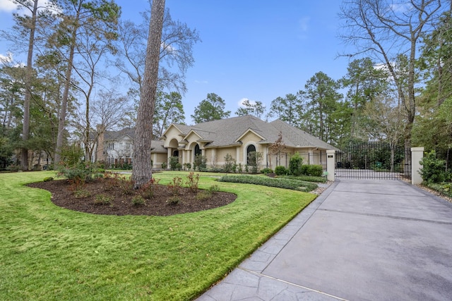 11 Bracebridge Dr, The Woodlands, TX 77382 - french country style house featuring a gate, driveway, a shingled roof, and a garage