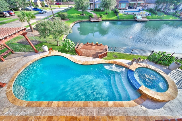 17862 Camp Cove Dr, Cypress, TX 77429 - view of swimming pool featuring a pool with connected hot tub, a water view, and a gazebo