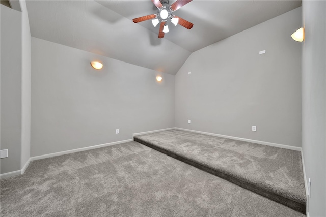 17862 Camp Cove Dr, Cypress, TX 77429 - empty room featuring ceiling fan, carpet, vaulted ceiling, and baseboards