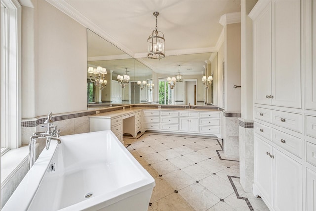 3423 Ella Lee Ln, Houston, TX 77027 - bathroom with a chandelier, crown molding, a soaking tub, vanity, and tile walls