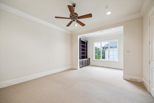 3423 Ella Lee Ln, Houston, TX 77027 - empty room with light carpet, baseboards, a ceiling fan, crown molding, and recessed lighting