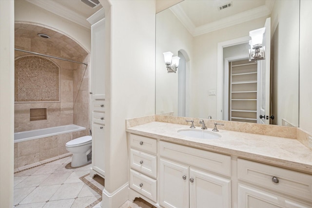 3423 Ella Lee Ln, Houston, TX 77027 - bathroom featuring vanity, tile patterned flooring, toilet, crown molding, and tiled shower / bath