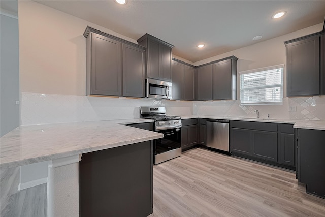 5819 Grantgrala Dr, Katy, TX 77493 - kitchen with appliances with stainless steel finishes, a peninsula, light wood-style flooring, backsplash, and recessed lighting