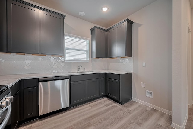 5819 Grantgrala Dr, Katy, TX 77493 - kitchen with stainless steel appliances, light wood-style flooring, a sink, backsplash, and light stone counters