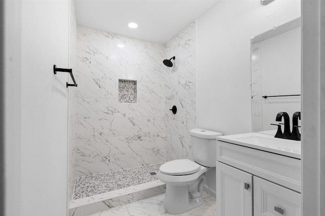 4002 Rutland St, Houston, TX 77018 - full bathroom featuring marble finish floors, vanity, toilet, a stall shower, and recessed lighting