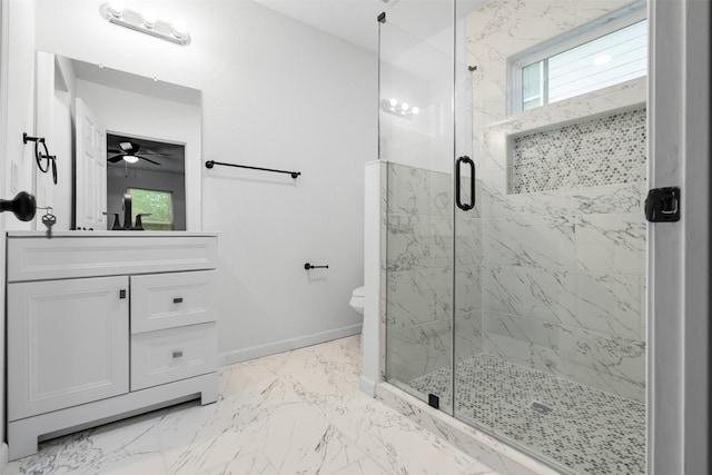 4002 Rutland St, Houston, TX 77018 - bathroom featuring a marble finish shower, vanity, toilet, baseboards, and marble finish floors