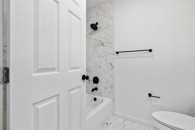 4002 Rutland St, Houston, TX 77018 - bathroom with marble look tiles, toilet,  shower combination, and baseboards
