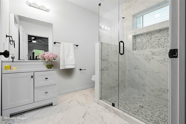 4002 Rutland St, Houston, TX 77018 - full bathroom with a marble finish shower, marble look tile flooring, vanity, toilet, and baseboards