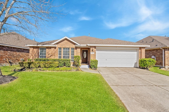 2442 Floral Ridge Dr, Spring, TX 77388 - ranch-style home featuring brick siding, driveway, a front lawn, and a garage