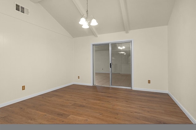 7322 Sawmill Trl, Houston, TX 77040 - empty room with a chandelier, wood finished floors, beam ceiling, baseboards, and high vaulted ceiling