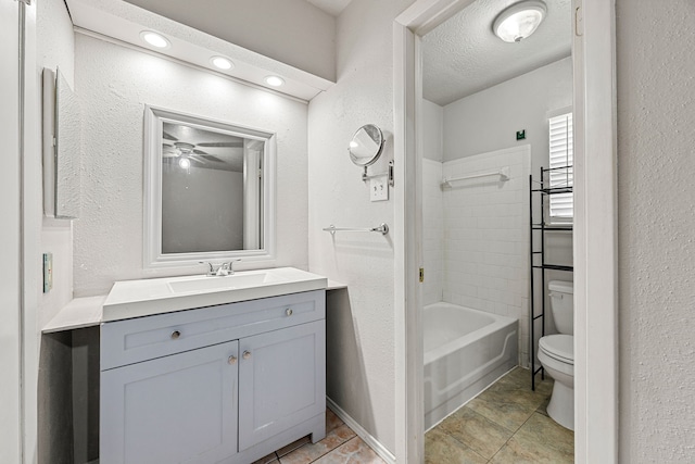 1343 Somercotes Ln, Channelview, TX 77530 - full bathroom with toilet, vanity, a textured wall, ceiling fan, and shower / tub combination