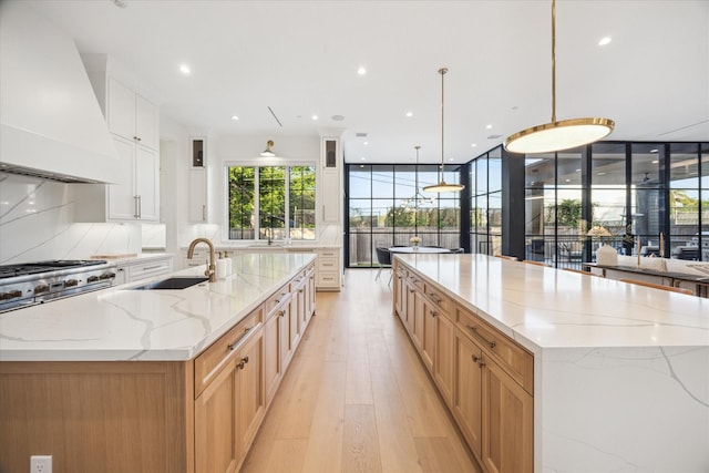 510 Wilmington Dr, Bellaire, TX 77401 - kitchen featuring a spacious island, premium range hood, a sink, light wood-style flooring, and light stone counters