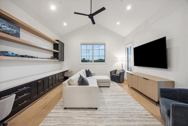 510 Wilmington Dr, Bellaire, TX 77401 - living room featuring ceiling fan, light wood-type flooring, lofted ceiling, and recessed lighting