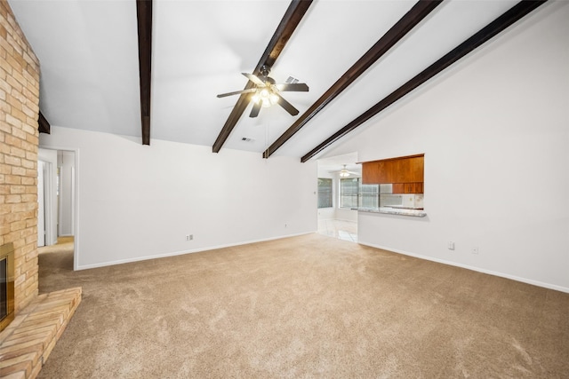 3811 Riverwood Park Dr, Houston, TX 77345 - unfurnished living room featuring a ceiling fan, a brick fireplace, carpet, and baseboards