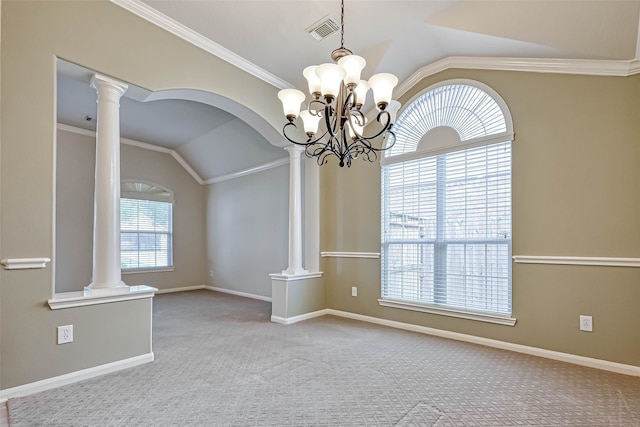 11519 Staffordale Ct, Cypress, TX 77433 - carpeted spare room with lofted ceiling, decorative columns, a chandelier, ornamental molding, and baseboards