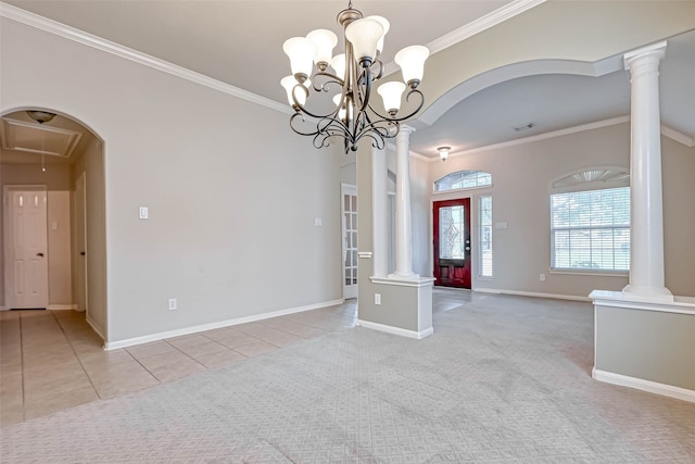 11519 Staffordale Ct, Cypress, TX 77433 - spare room with ornamental molding, light tile patterned floors, baseboards, light carpet, and a chandelier