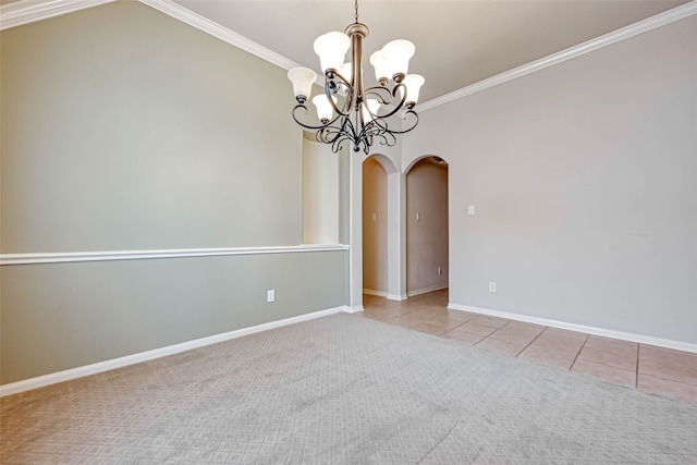 11519 Staffordale Ct, Cypress, TX 77433 - empty room with arched walkways, ornamental molding, a chandelier, carpet, and baseboards