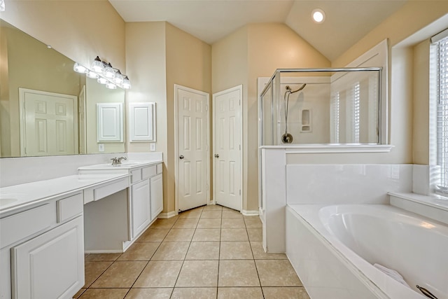 11519 Staffordale Ct, Cypress, TX 77433 - full bathroom with a stall shower, a garden tub, double vanity, tile patterned floors, and vaulted ceiling