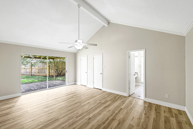 12014 Briar Forest Dr, Houston, TX 77077 - unfurnished bedroom with access to exterior, light wood-style flooring, beam ceiling, ensuite bath, and baseboards