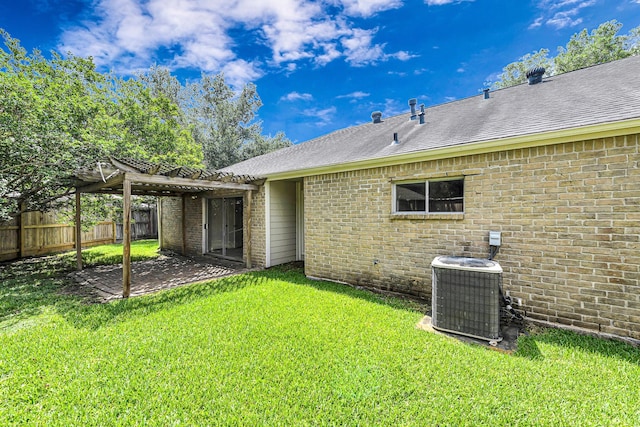 12014 Briar Forest Dr, Houston, TX 77077 - rear view of property featuring a pergola, cooling unit, brick siding, a patio, and roof with shingles