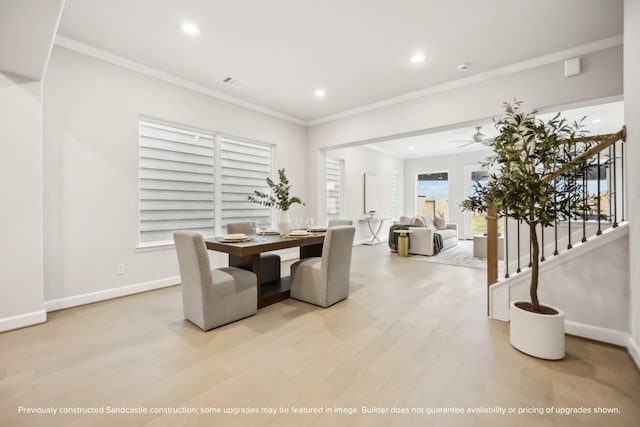 833 Fisher St Unit C, Houston, TX 77018 - dining space with light wood-style floors, recessed lighting, stairway, ornamental molding, and baseboards