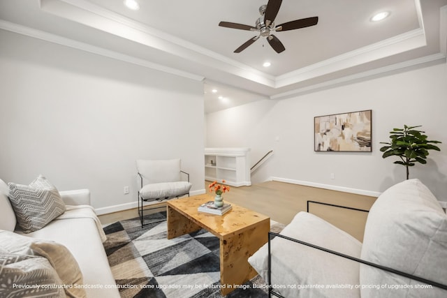 833 Fisher St Unit C, Houston, TX 77018 - living area featuring a raised ceiling, recessed lighting, crown molding, ceiling fan, and baseboards