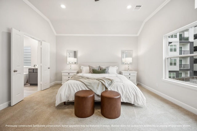 833 Fisher St Unit C, Houston, TX 77018 - bedroom featuring vaulted ceiling, crown molding, baseboards, light colored carpet, and ensuite bathroom